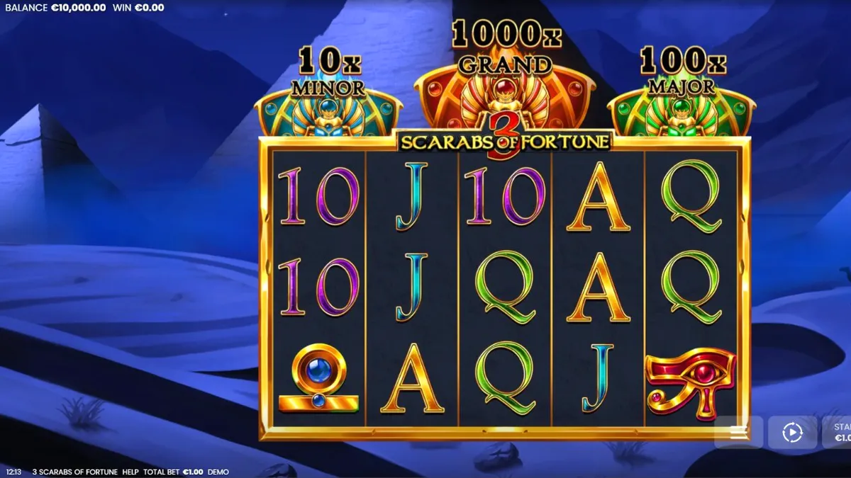 Tampilan visual slot 3 Scarabs of Fortune dengan latar belakang piramida dan simbol scarab emas.