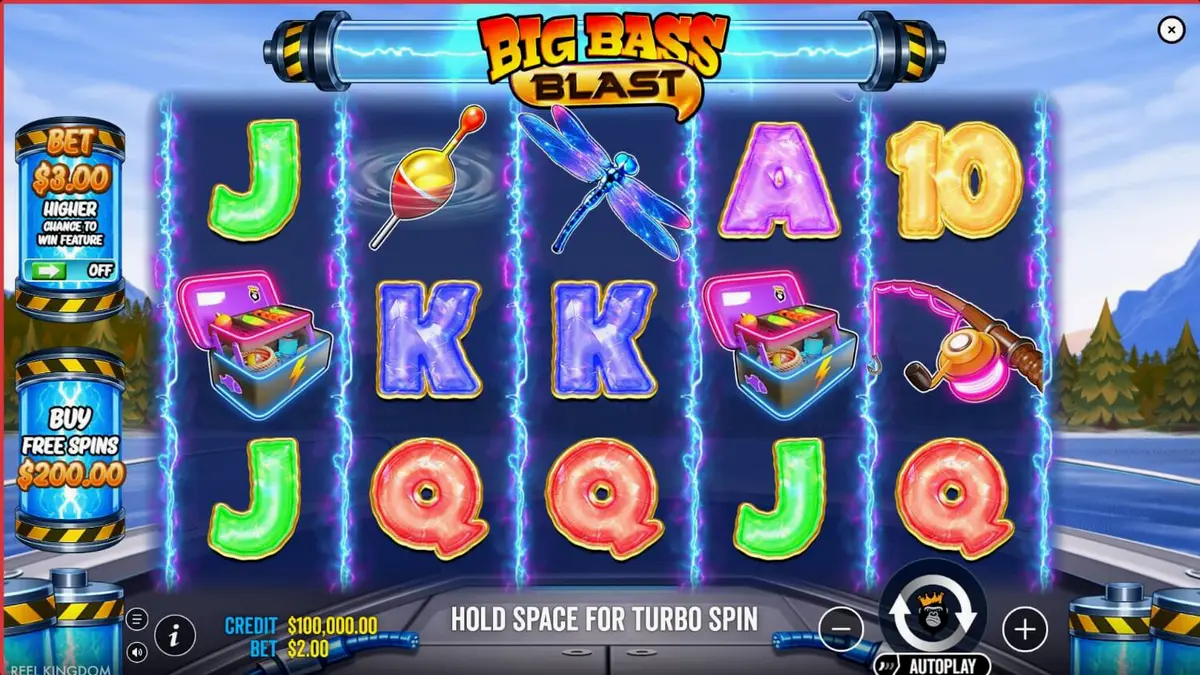 Tampilan layar permainan slot Big Bass Blast dengan tema memancing futuristik.