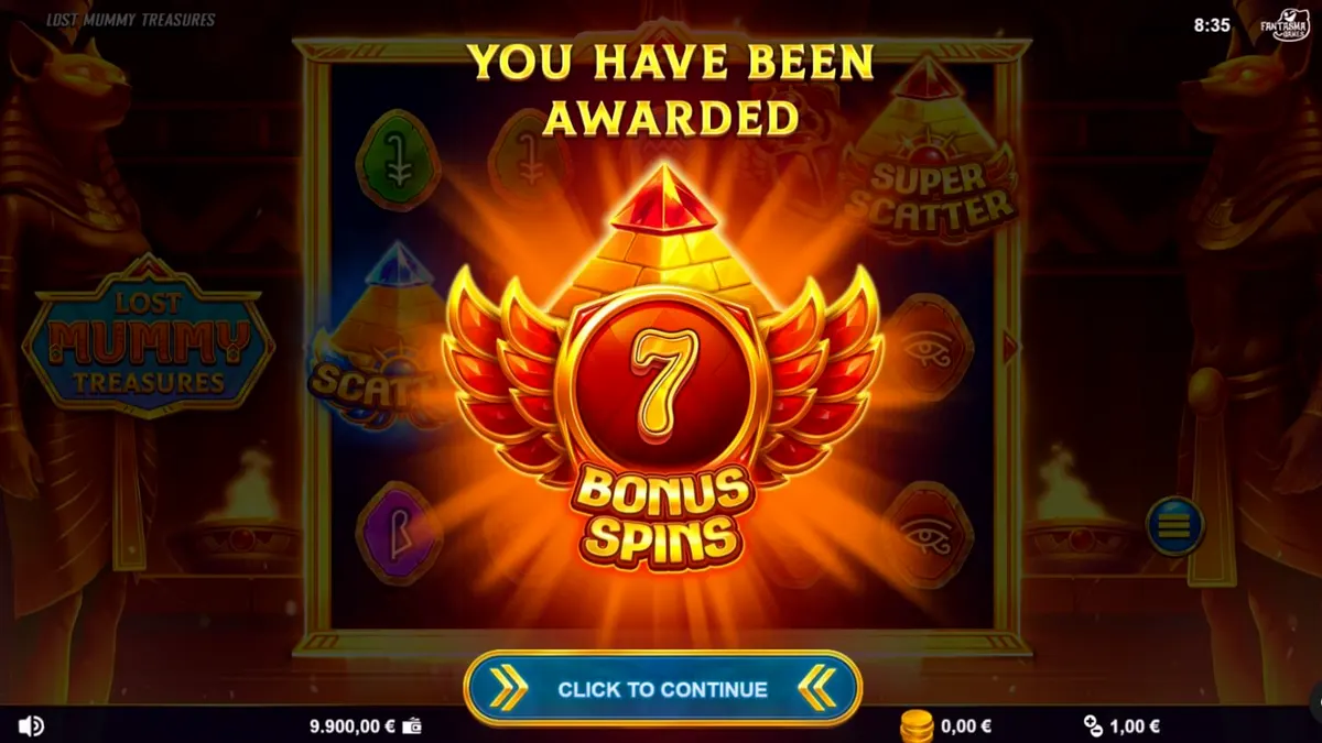 Tampilan visual slot Lost Mummy Treasures dengan simbol dewa Mesir dan gulungan emas.